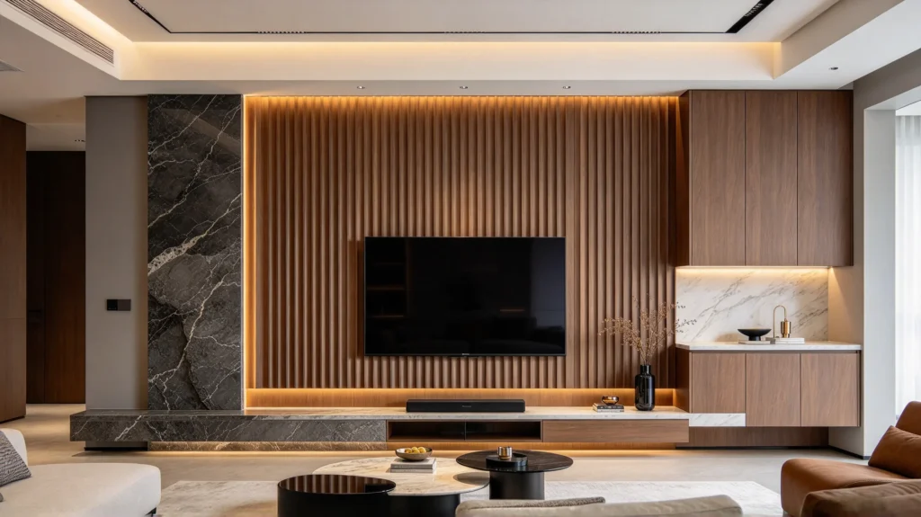 Walnut fluted wall panel with dark stone accents in a contemporary interior