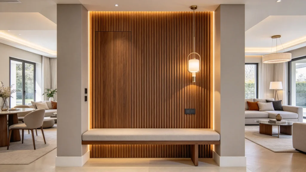 Warm walnut fluted wall panel with soft lighting in a contemporary entryway