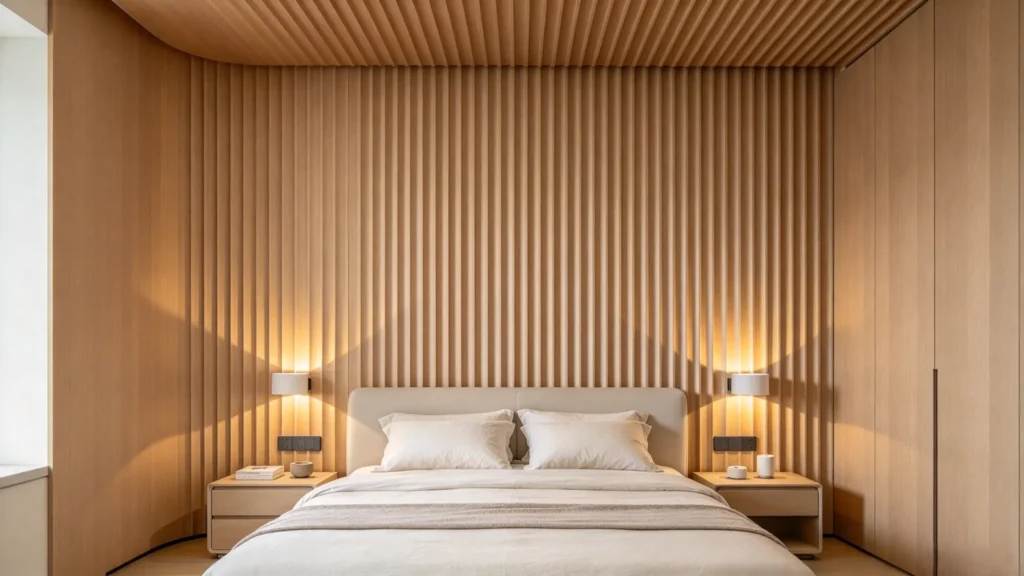 Warm wood fluted wall panel framing a bed and extending onto the ceiling
