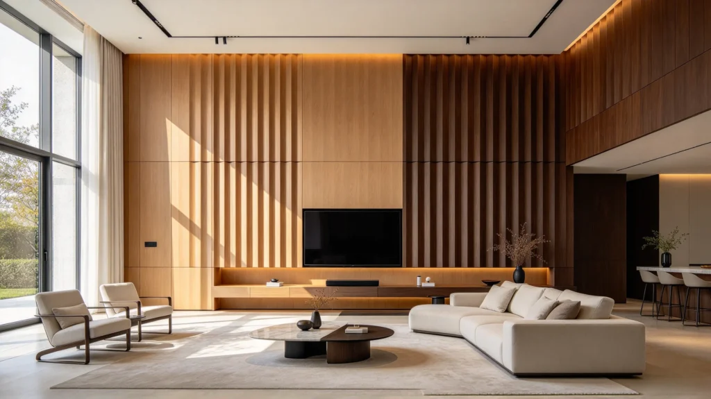 Wide-groove fluted wall panel across a large feature wall with bold visual impact