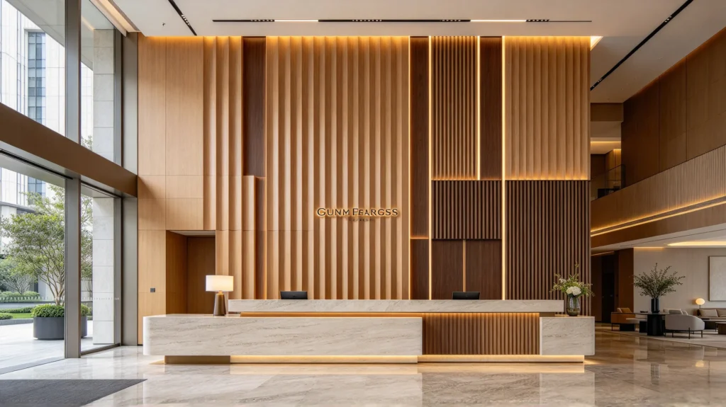Wide-groove fluted wall panel behind a hotel reception desk with a brand logo