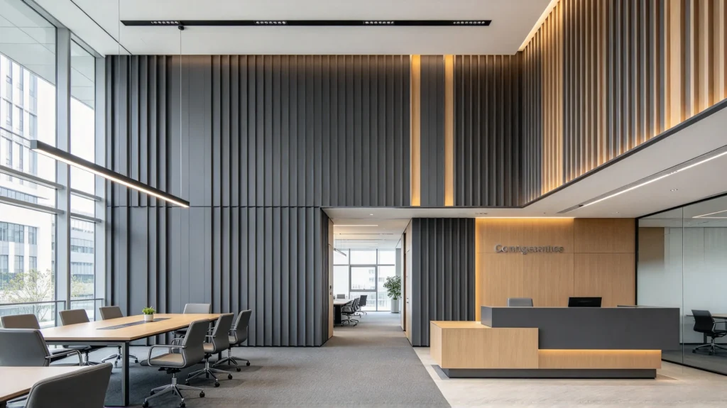 Wide-groove fluted wall panel creating a strong architectural backdrop in a modern conference area