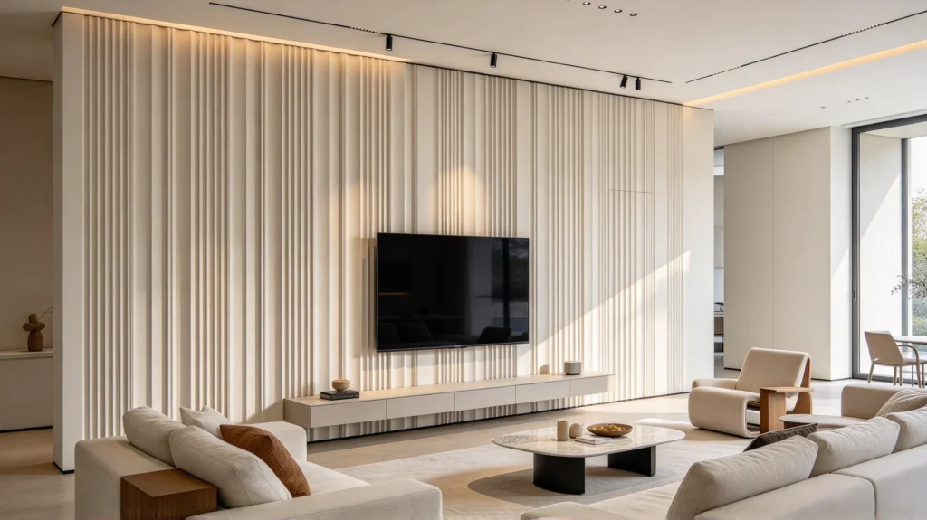 Wide-groove fluted wall panel feature wall with deep shadows and strong architectural texture