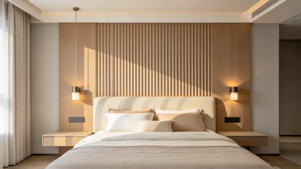Width-focused fluted wood headboard behind the bed in a modern bedroom