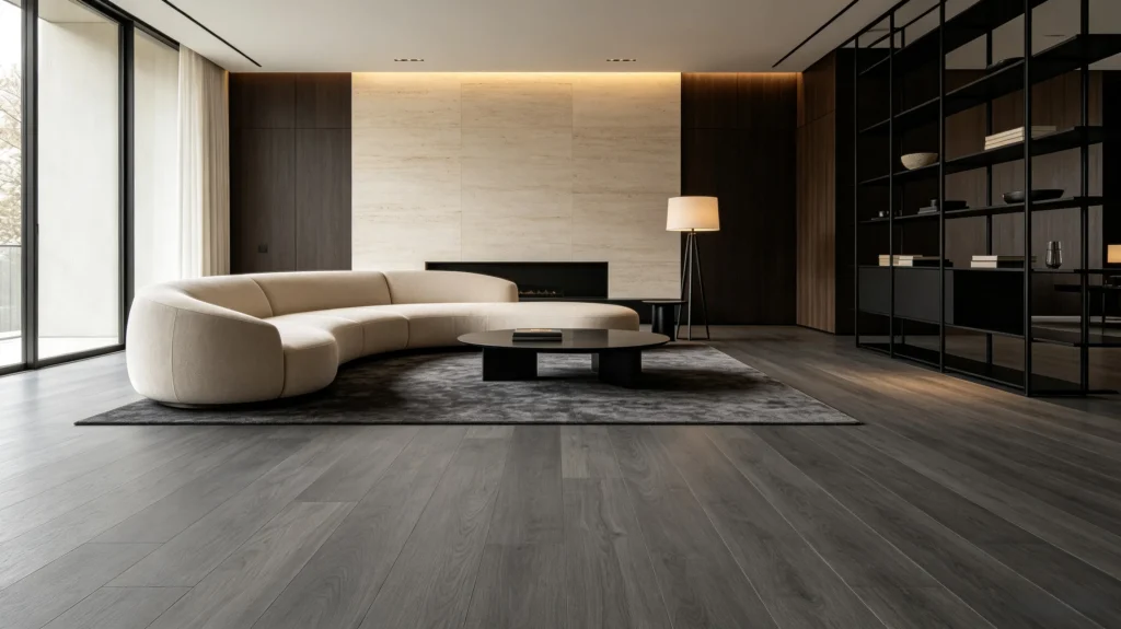 charcoal gray wood flooring in a spacious modern interior