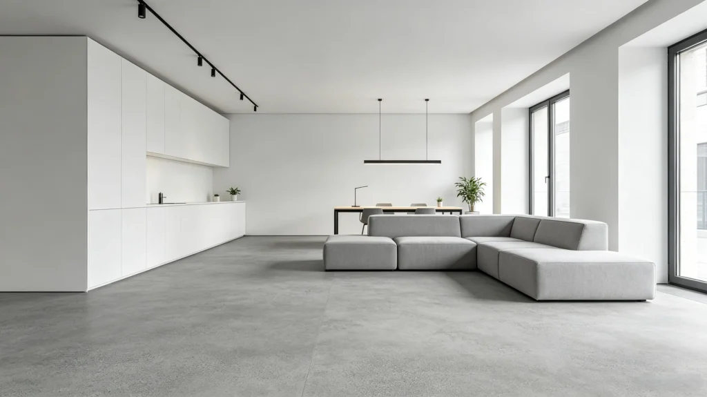 gray concrete-look vinyl composite flooring modern interior