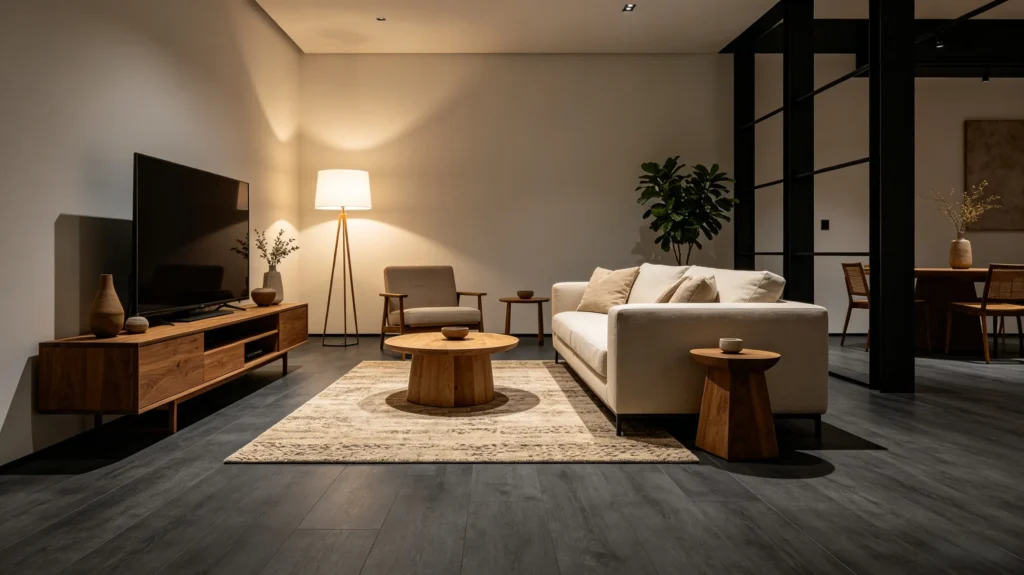 gray vinyl composite flooring warm modern living room natural wood furniture beige sofa