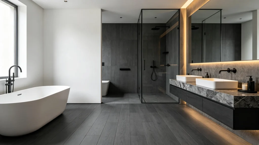 gray vinyl flooring modern bathroom with white fixtures and black hardware (1)