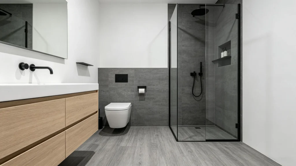 gray vinyl flooring modern bathroom with white fixtures and black hardware (2)