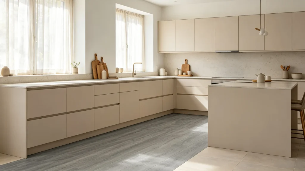 gray vinyl flooring with beige kitchen cabinets modern kitchen