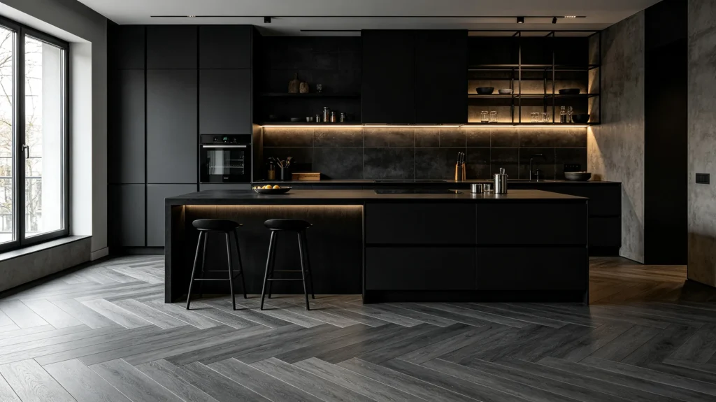 gray vinyl flooring with black kitchen cabinets modern kitchen