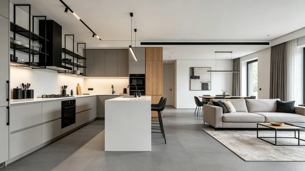 gray vinyl flooring with black metal accents modern interior (1)