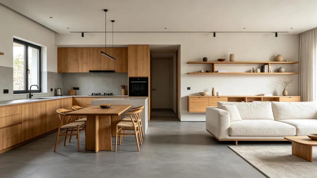 gray vinyl flooring with natural wood accents warm modern interior (2)
