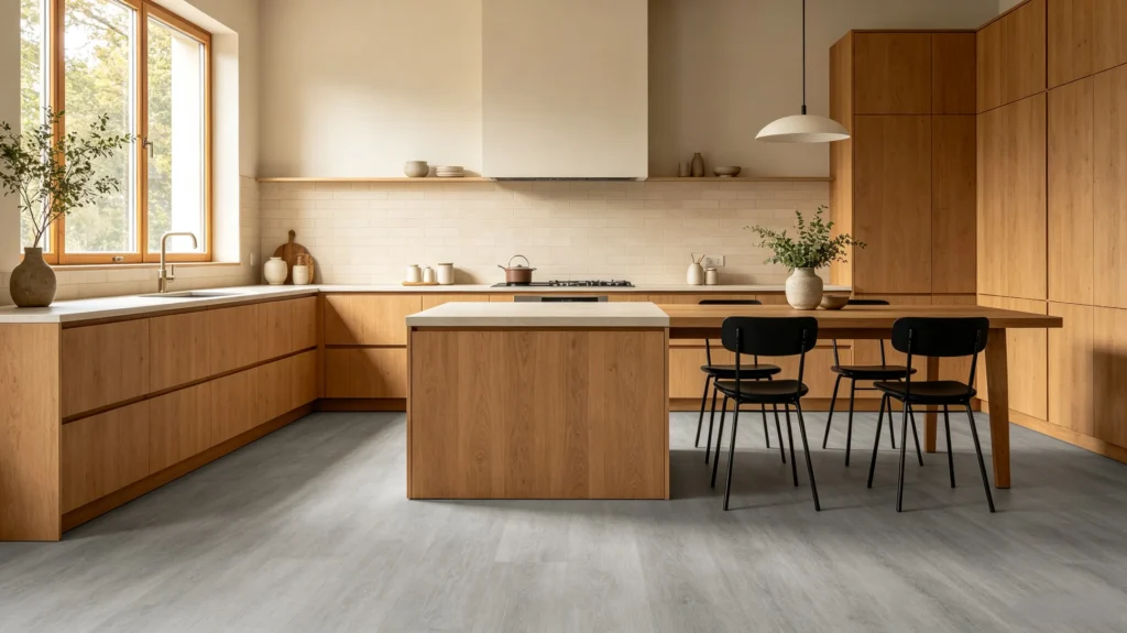 gray vinyl flooring with natural wood kitchen cabinets modern kitchen