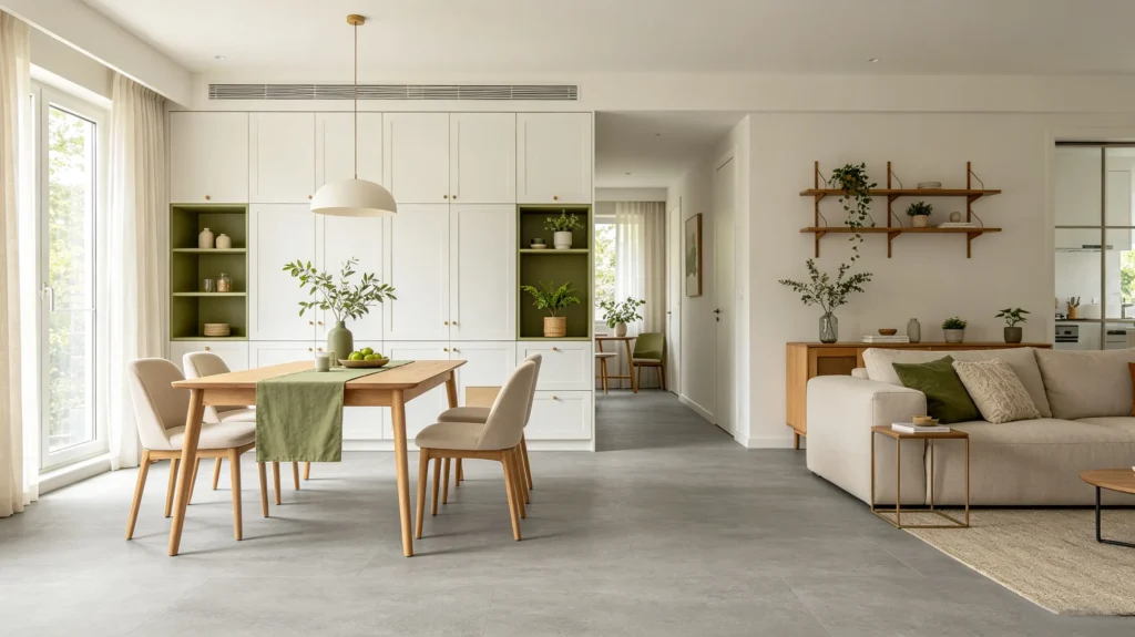 gray vinyl flooring with sage green accents natural modern interior (1)