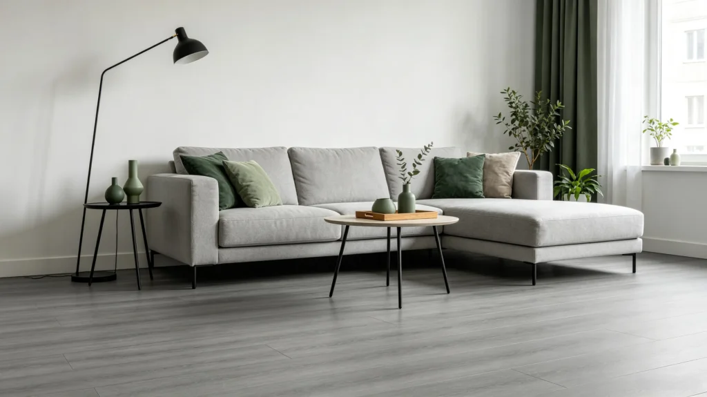 gray vinyl flooring with sage green accents natural modern interior (2)
