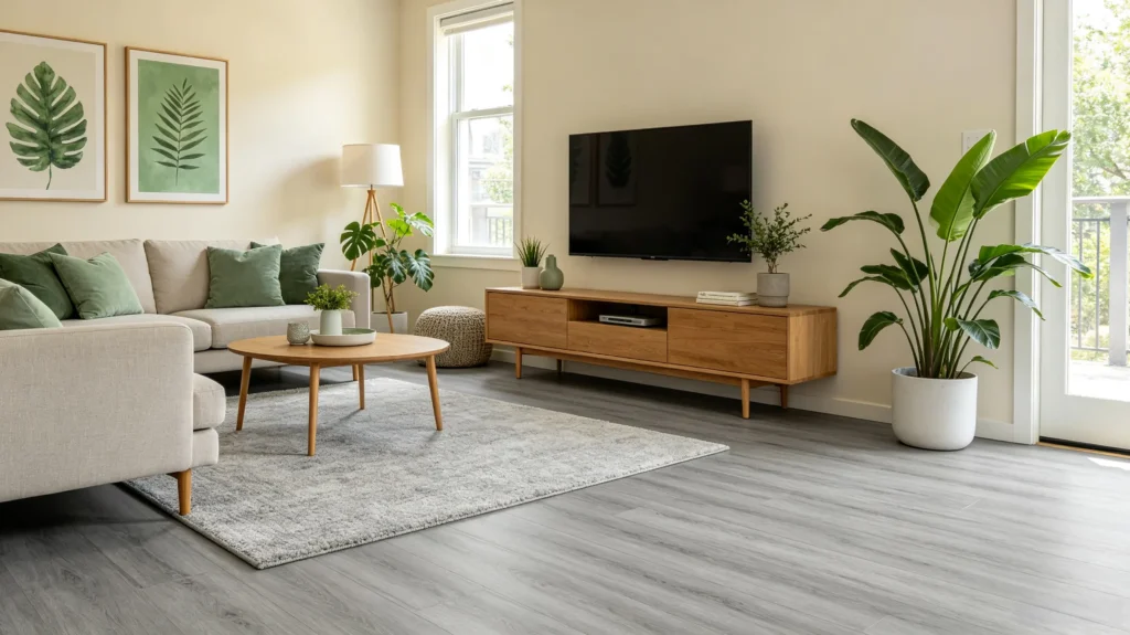 gray vinyl flooring with sage green accents natural modern interior (3)