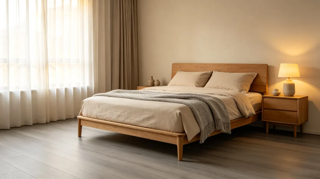 gray vinyl flooring with warm-toned furniture in a modern bedroom