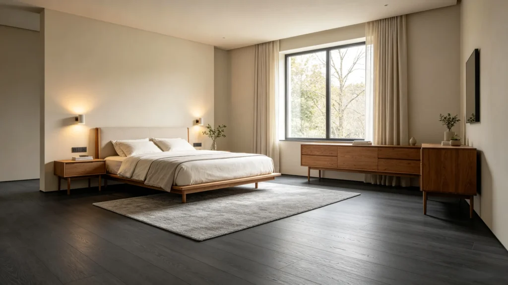 gray vinyl flooring with warm-toned furniture in a modern bedroom-2