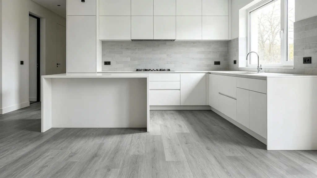 gray vinyl flooring with white kitchen cabinets modern kitchen