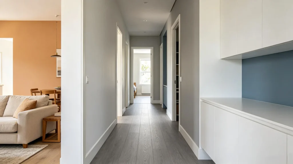 gray wood-look vinyl flooring connecting rooms in a modern hallway (1)