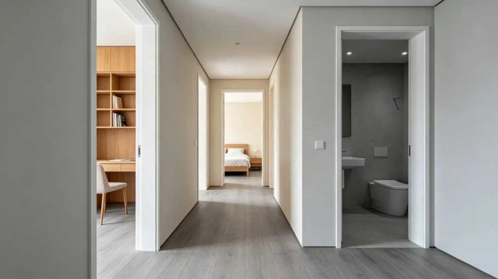 gray wood-look vinyl flooring connecting rooms in a modern hallway (2)
