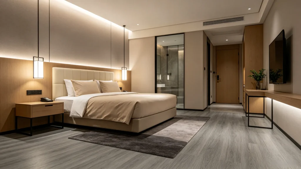 gray wood-look vinyl flooring in a modern hotel room with residential-style decor (1)