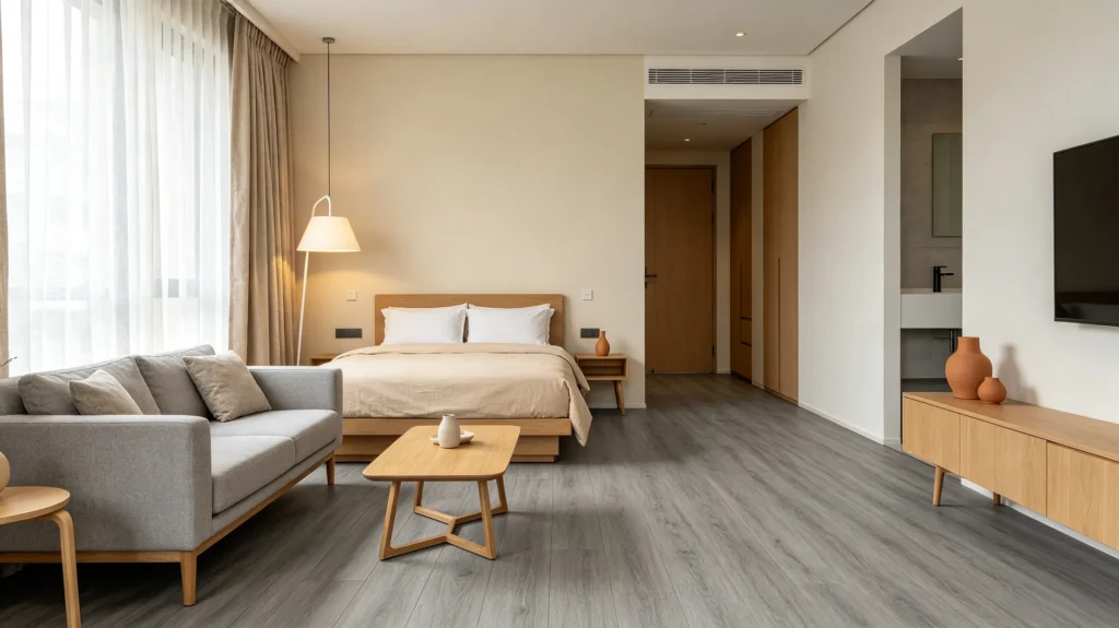 gray wood-look vinyl flooring in a modern hotel room with residential-style decor