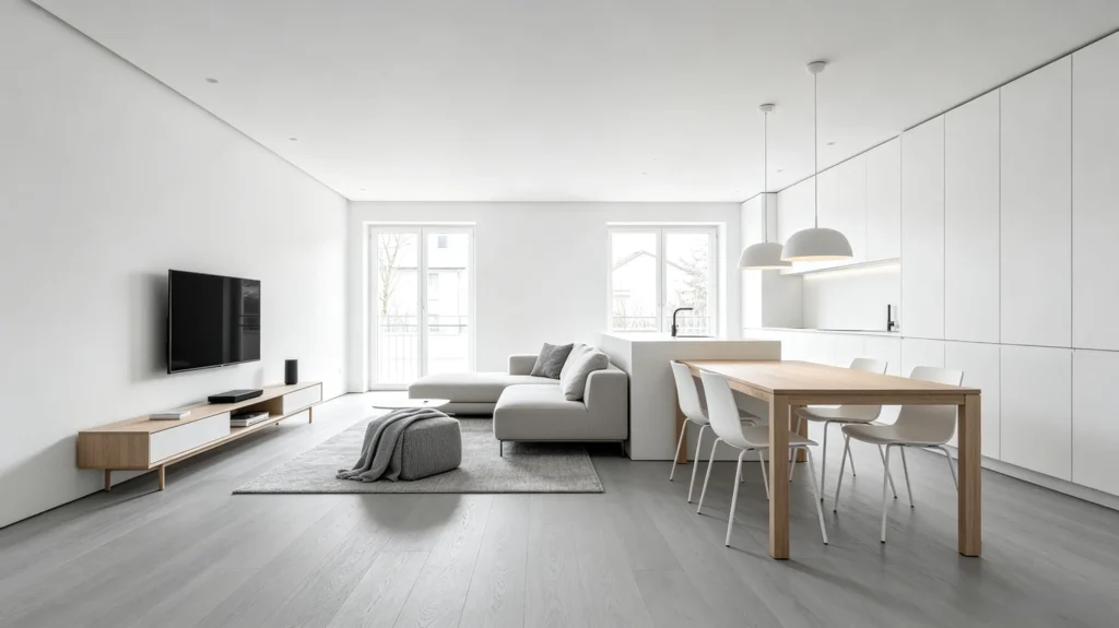 gray wood-look vinyl flooring with natural wood furniture and cabinets