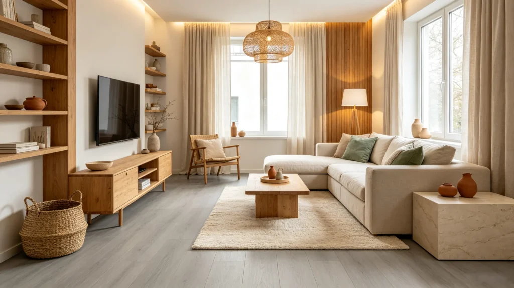 light gray vinyl flooring with natural wood rattan linen and stone accents