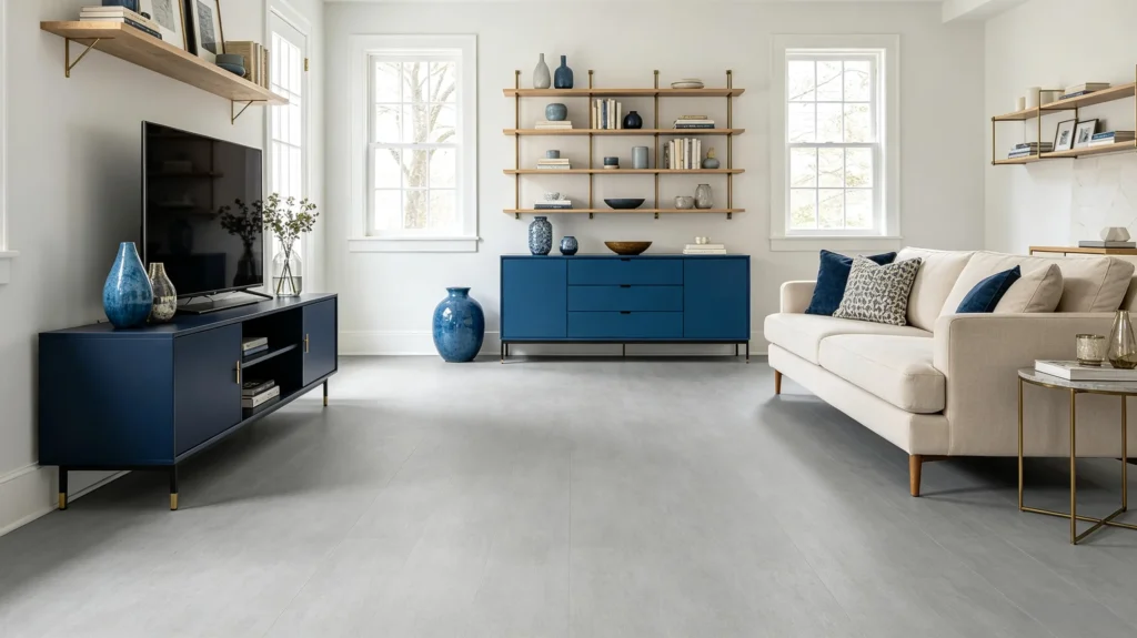 light gray vinyl flooring with navy blue furniture elegant modern interior (1)