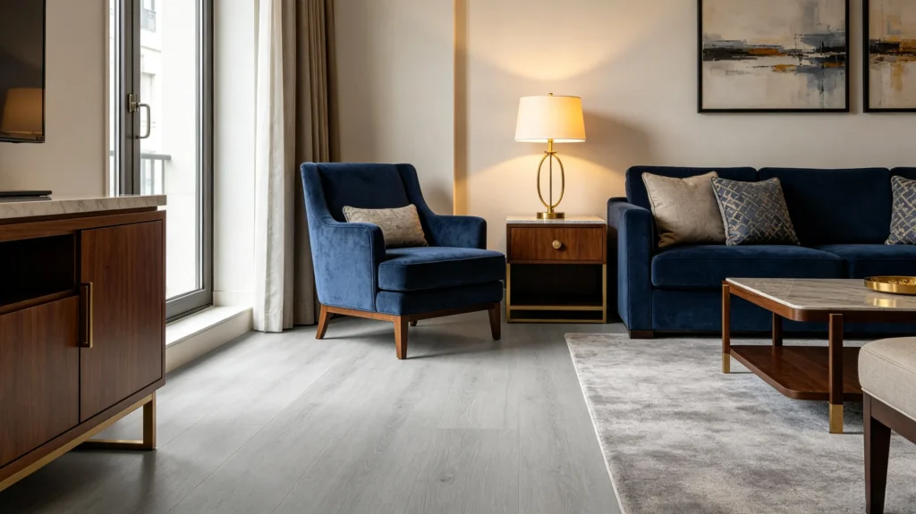 light gray vinyl flooring with navy blue furniture elegant modern interior (2)