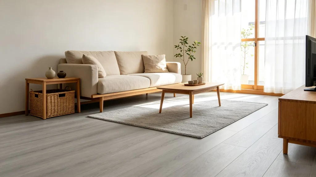 light grey flooring with subtle wood grain texture