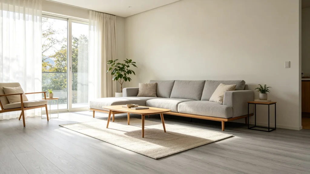 light grey flooring with subtle wood grain texture