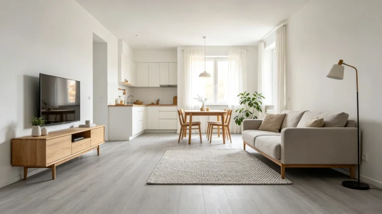 light grey flooring with subtle wood grain texture