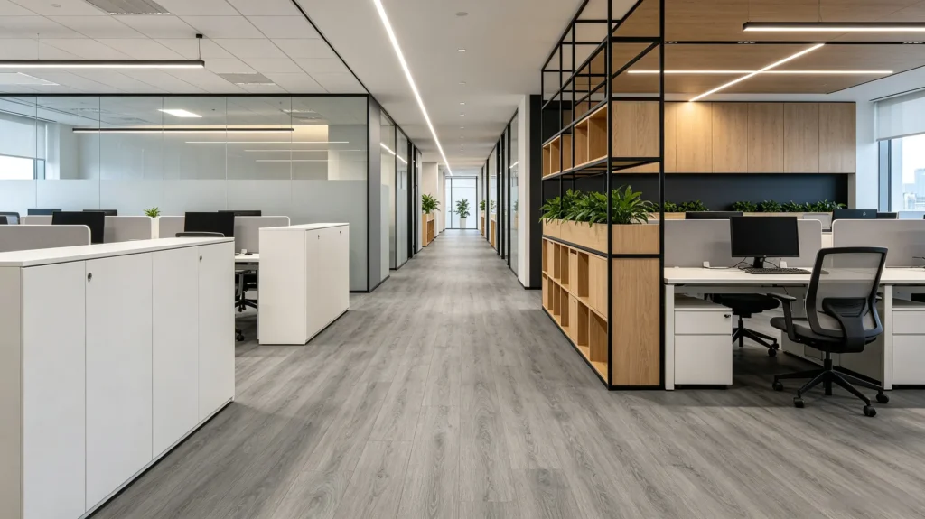 medium gray vinyl flooring modern office with furniture and partitions