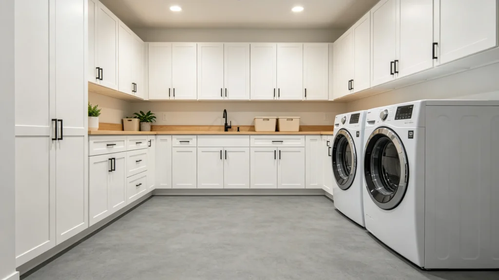 sheet vinyl flooring in a modern home laundry room