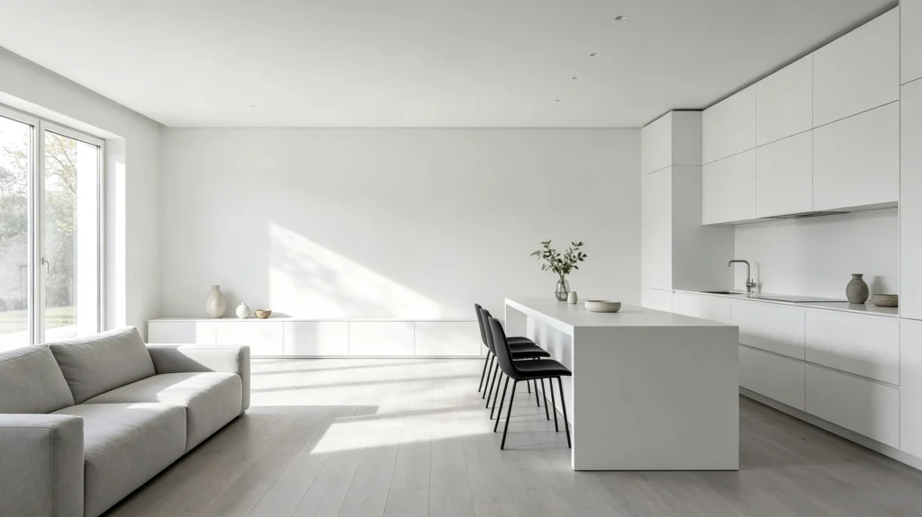 white walls white cabinets light gray flooring minimalist interior